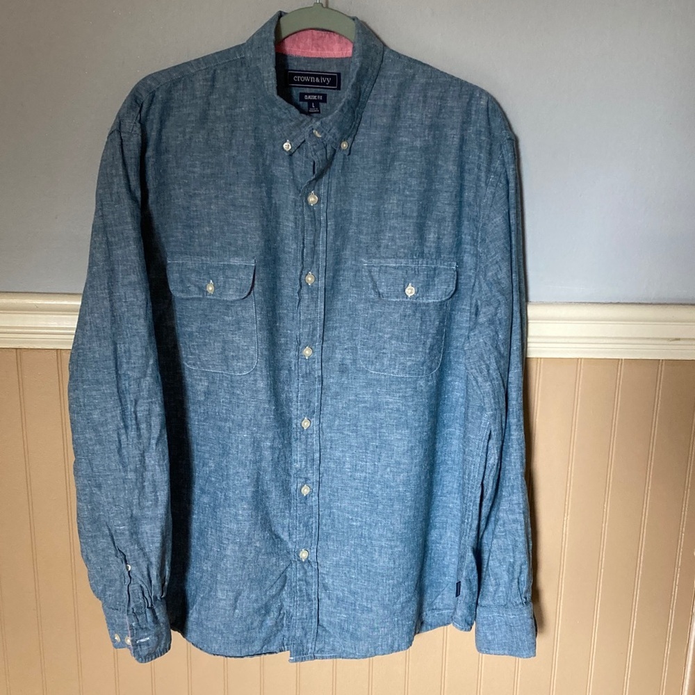 Crown & Ivy Blue Chambray Linen Blend Button Down Short Long-sleeve Men’s Large